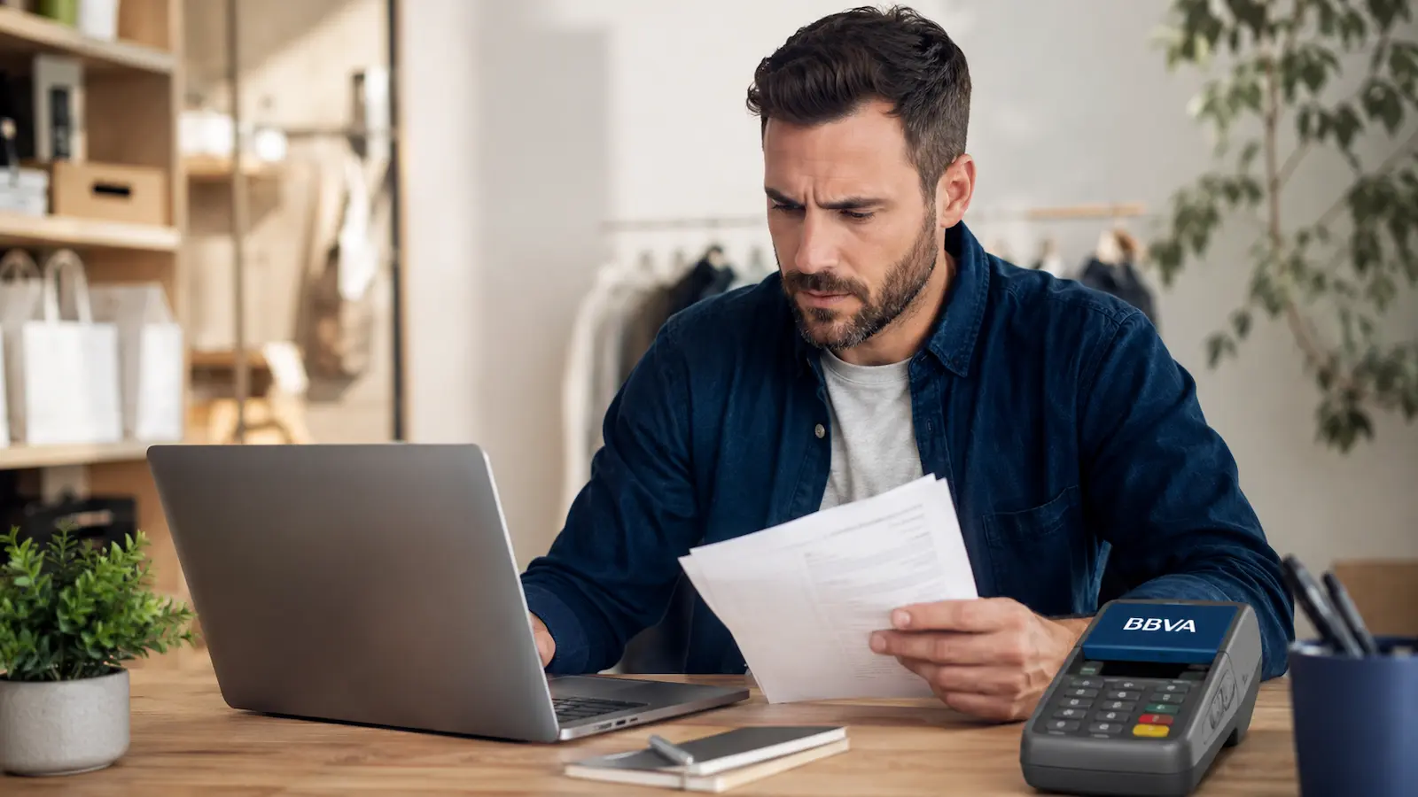 Autónomo revisando las condiciones de un TPV en el BBVA antes de contratarlo