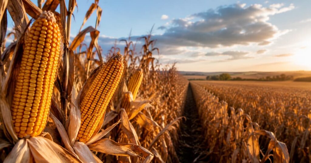Campo de maíz antes de la cosecha con futuros agrícolas en el radar inversor.