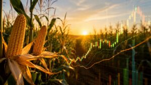 Campo de maíz y gráficos de futuros agrícolas en julio