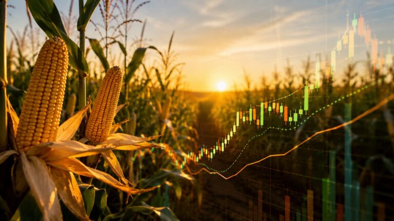 Campo de maíz y gráficos de futuros agrícolas en julio
