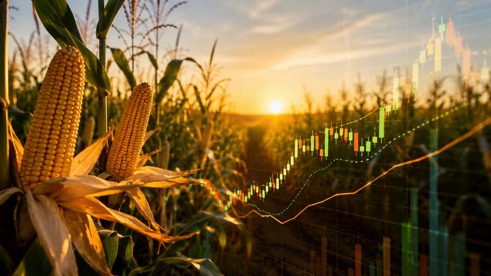 Campo de maíz y gráficos de futuros agrícolas en julio
