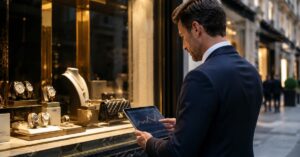 Escaparate de lujo junto a datos de mercado de un ETF temático