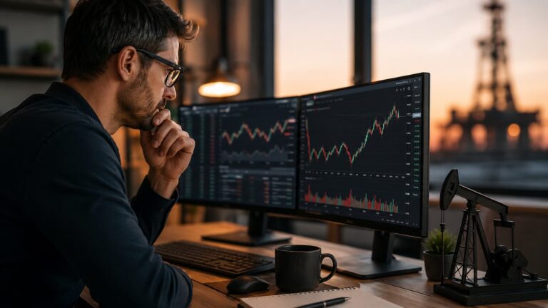 Inversor revisando ETFs de petróleo ante la volatilidad del crudo