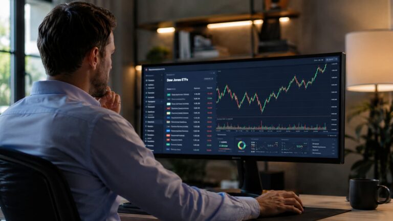 Inversor revisando ETFs del Dow Jones en una plataforma financiera