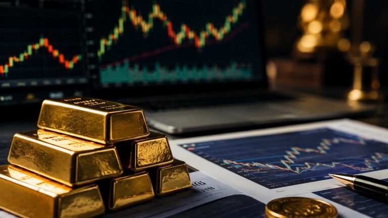 Lingotes de oro y gráficos de mercado en una mesa de inversión