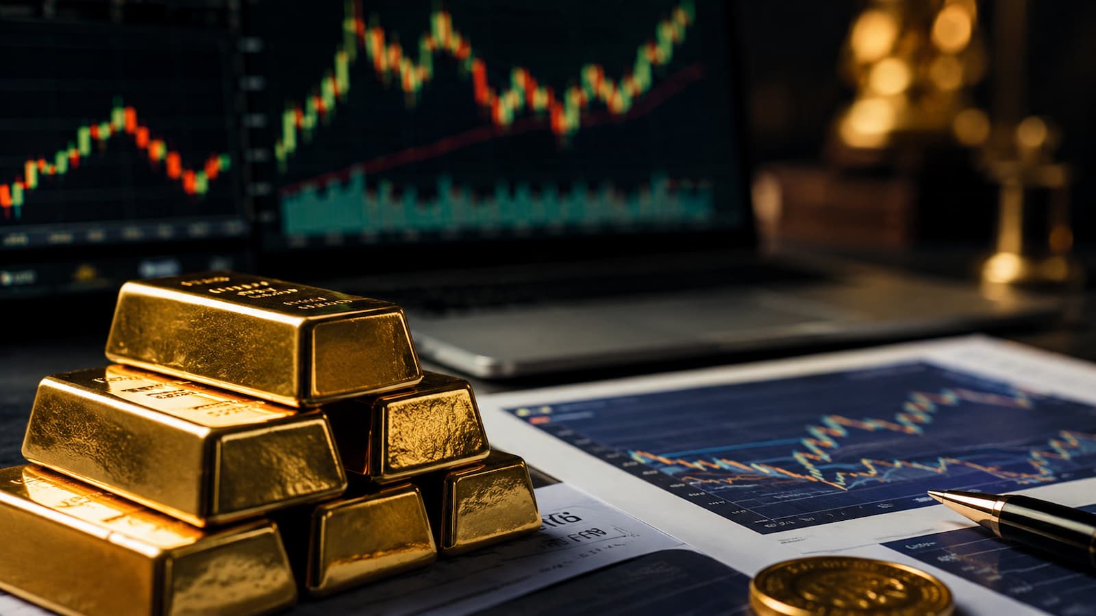 Lingotes de oro y gráficos de mercado en una mesa de inversión