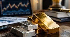 Lingotes de oro y plata en una mesa de inversión