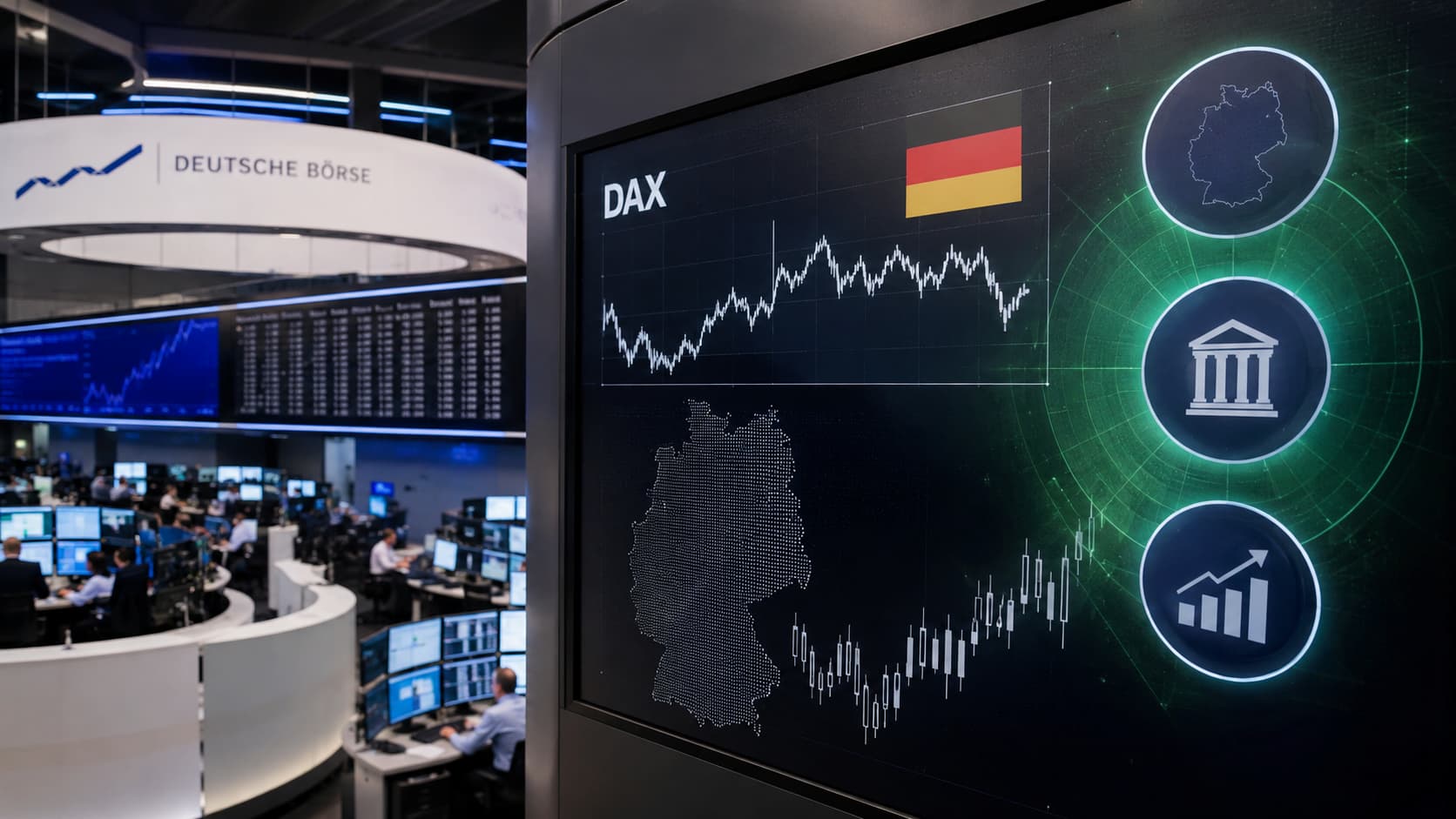 Panel del DAX en la Bolsa de Fráncfort con ETFs alemanes en el radar