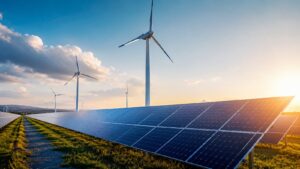 Paneles solares y aerogeneradores en una planta de energía renovable