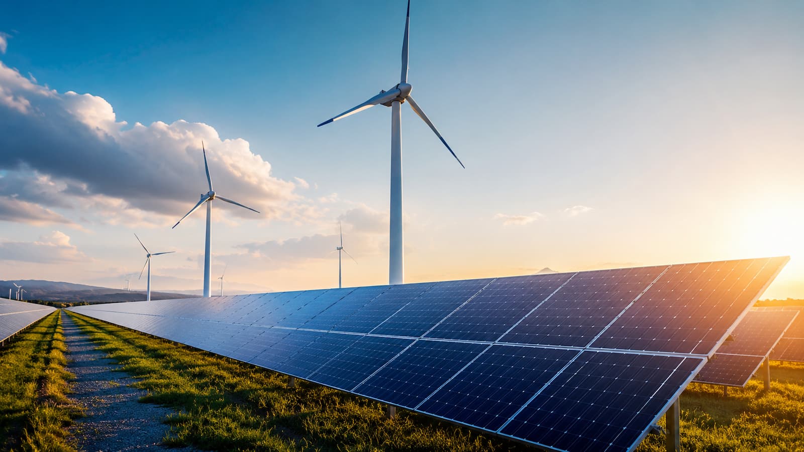 Paneles solares y aerogeneradores en una planta de energía renovable