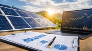 Paneles solares y gráficos de mercado en una jornada de revisión de ETFs.