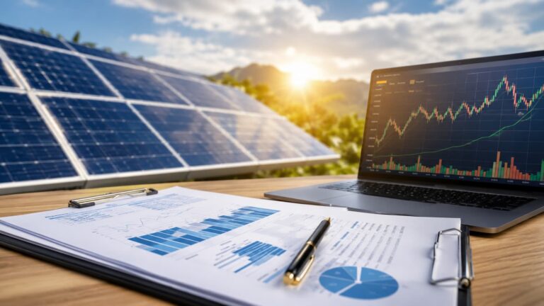 Paneles solares y gráficos de mercado en una jornada de revisión de ETFs.