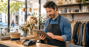 Un comerciante revisa la digitalización de su tienda tras el nuevo marco oficial de 2026