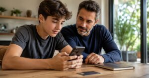 Adolescente usando banca móvil bajo supervisión familiar