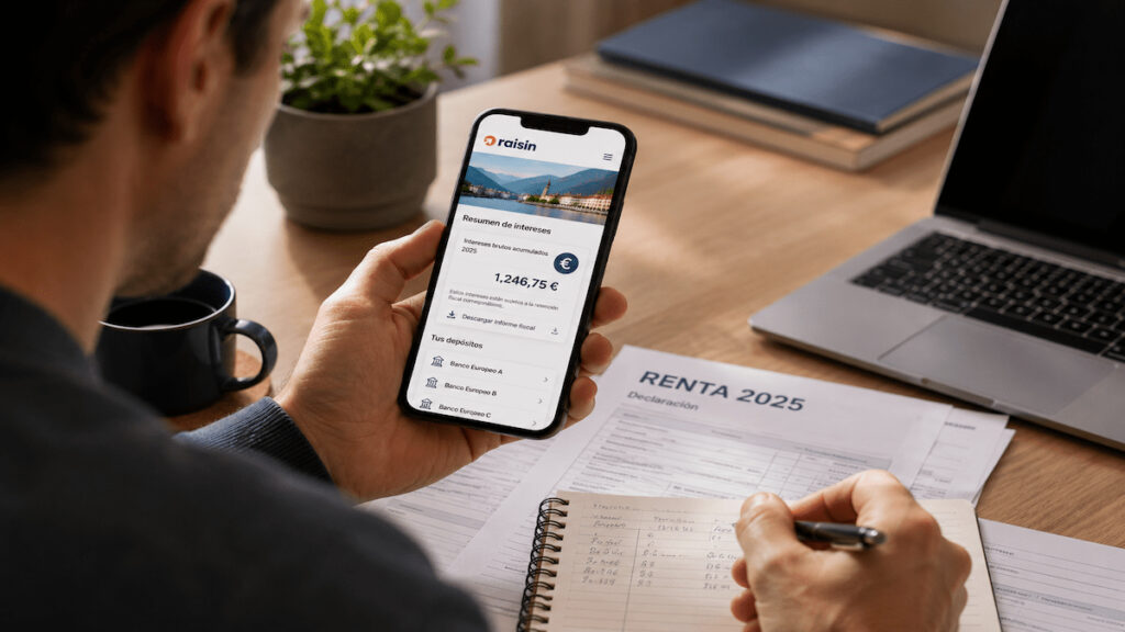 Ahorrador revisando intereses de Raisin antes de presentar la Renta 2025