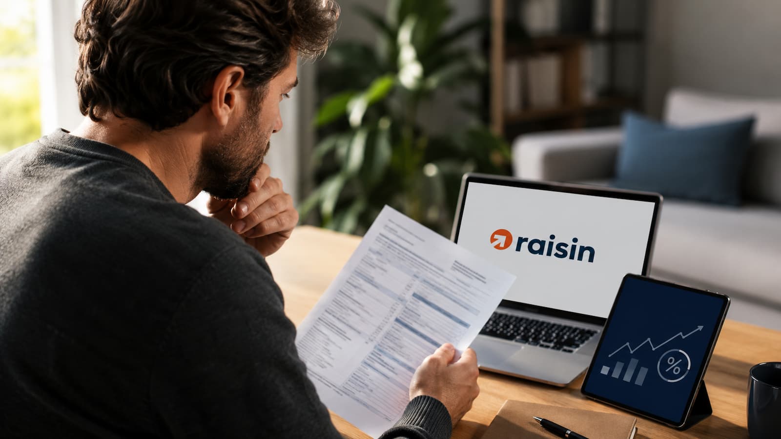Ahorrador revisando la Renta y los intereses de Raisin