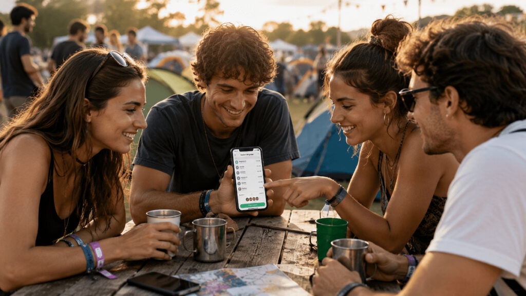 Amigos revisan gastos compartidos tras un festival de verano