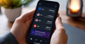App bancaria con saldos en distintas divisas y aviso de tipo de cambio