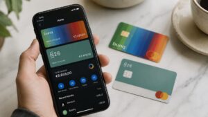 App bancaria en el móvil con tarjetas de bunq y N26 sobre una mesa