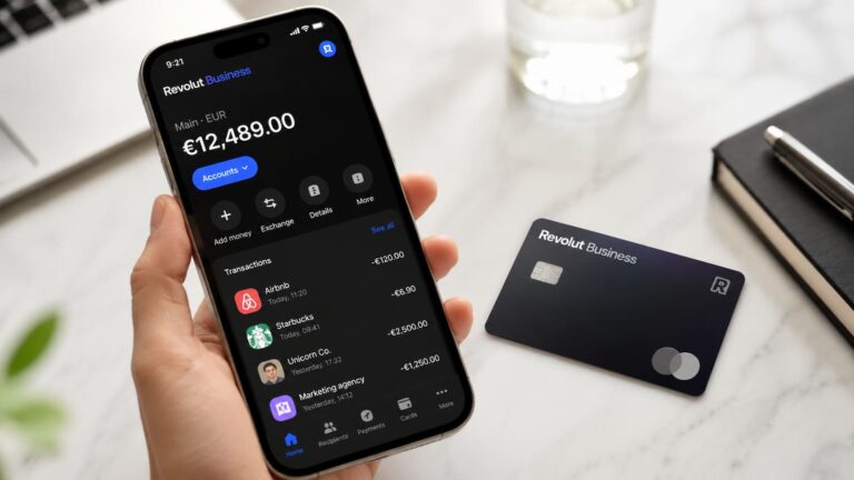 App de Revolut Business en un móvil junto a una tarjeta corporativa