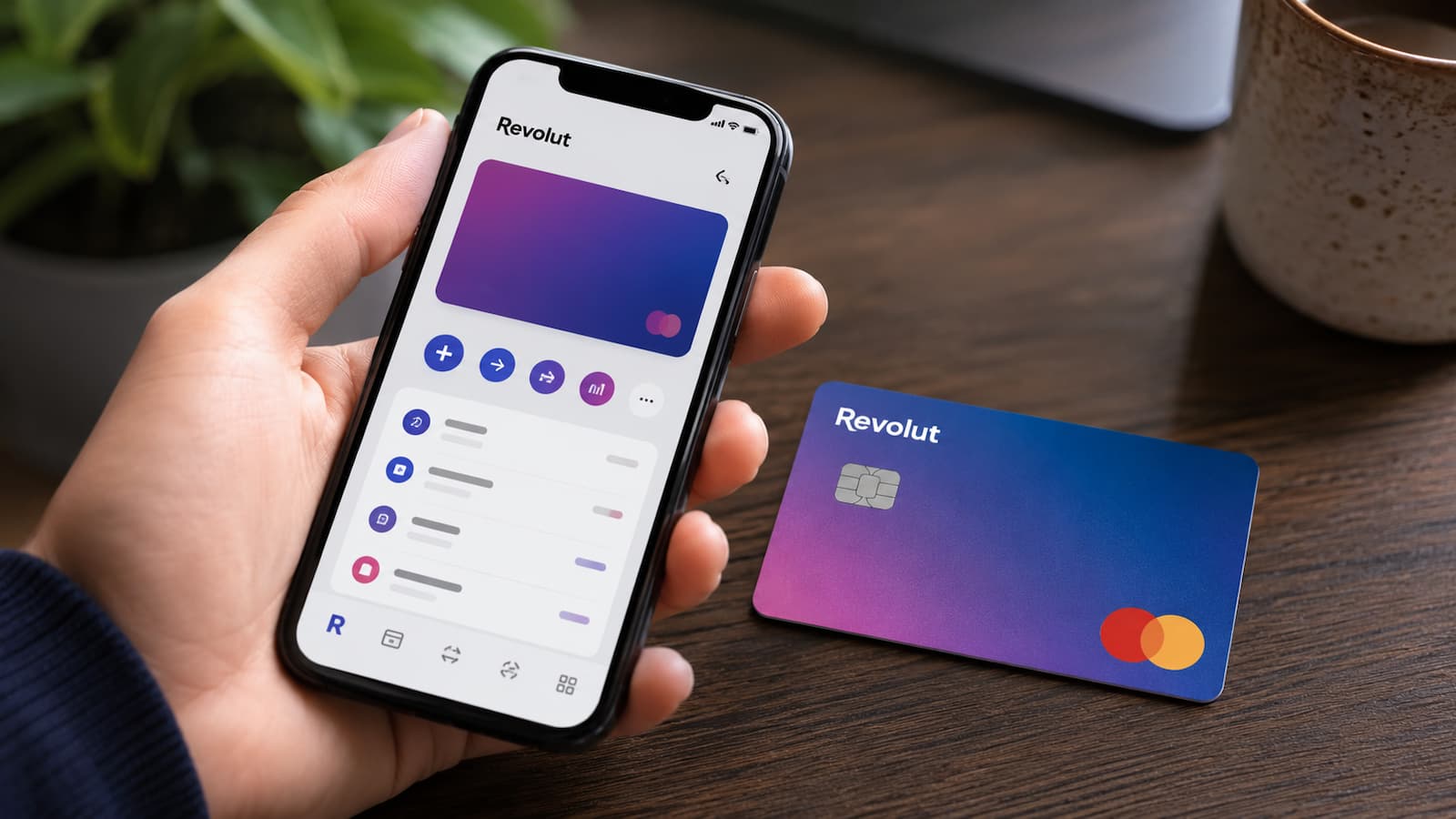 App de Revolut en un móvil junto a una tarjeta bancaria