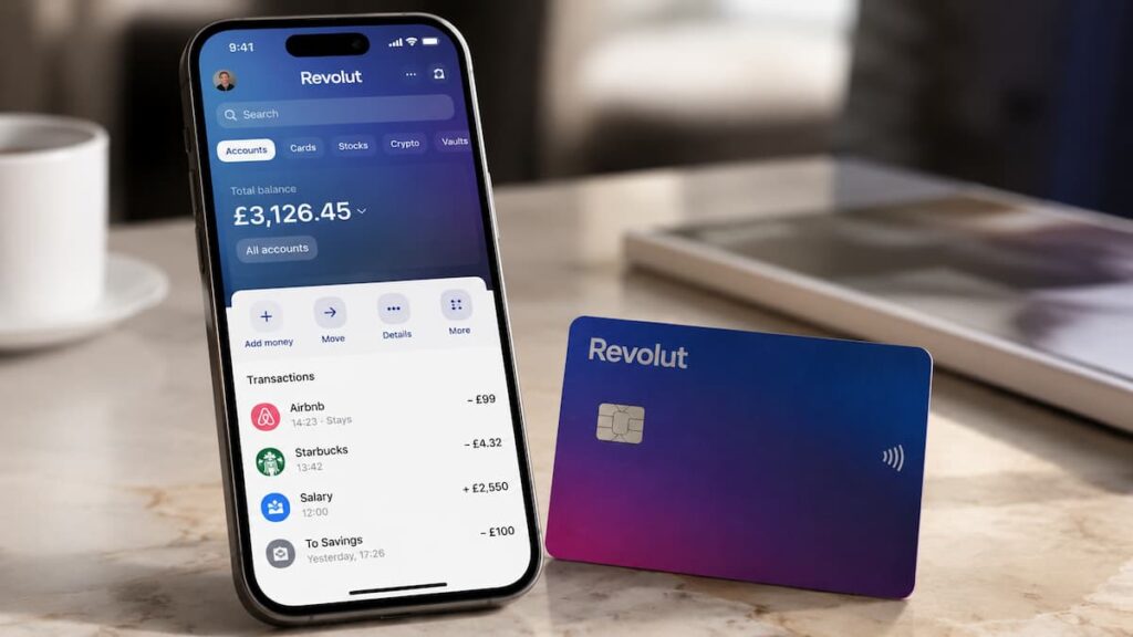 App de Revolut en un móvil junto a una tarjeta bancaria