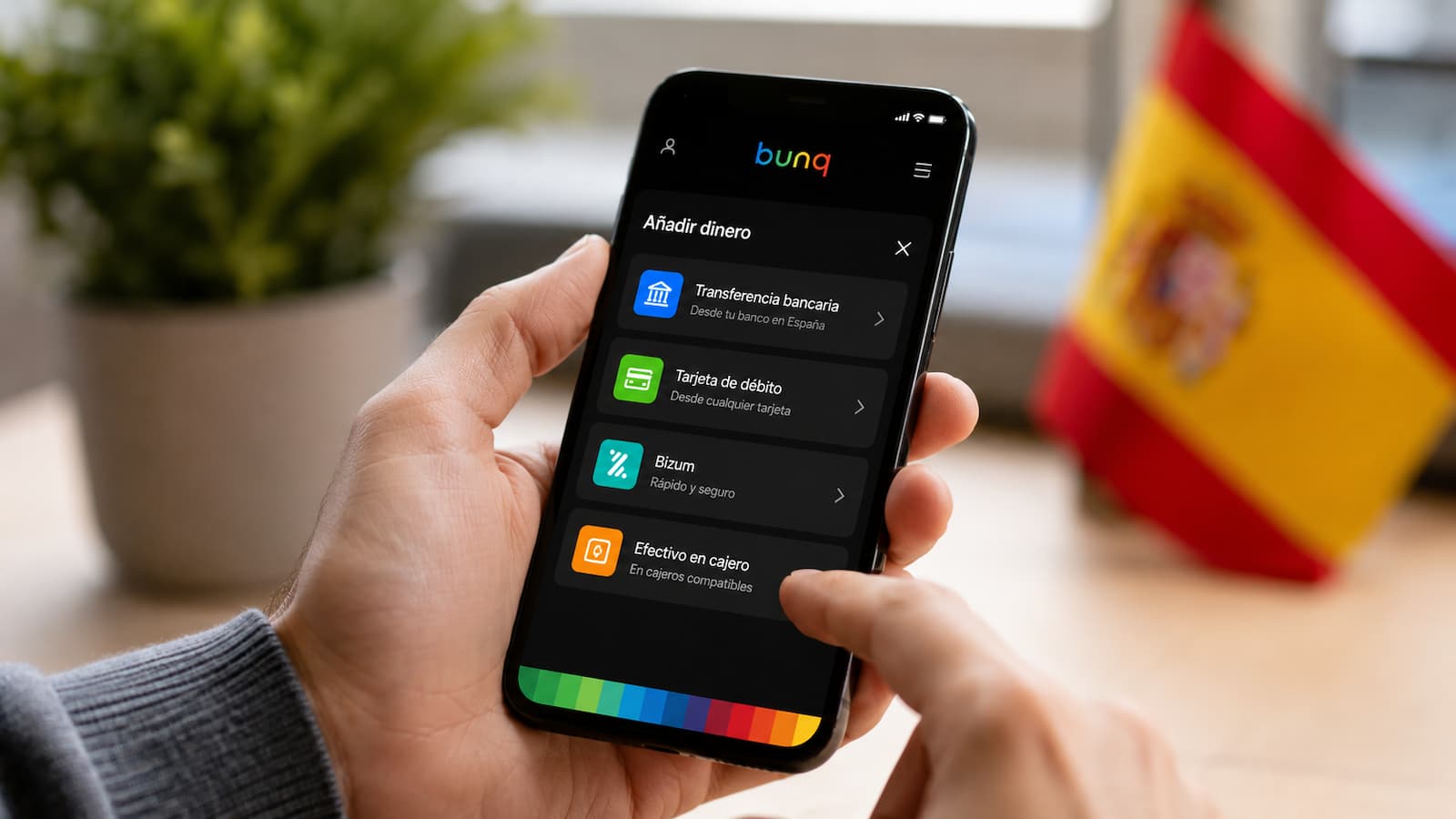 App de bunq con opciones para añadir dinero desde España