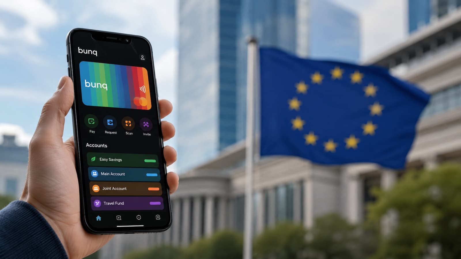 App de bunq en un móvil con referencia a regulación bancaria europea