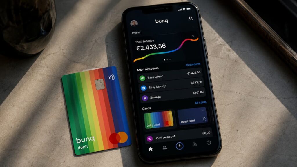 App de bunq en un móvil junto a una tarjeta bancaria.