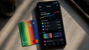 App de bunq en un móvil junto a una tarjeta bancaria.