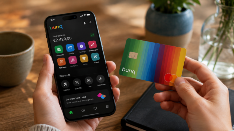 App de bunq en un móvil junto a una tarjeta bancaria.