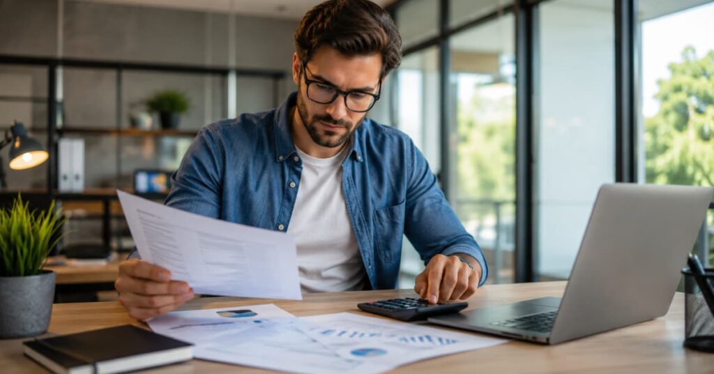 Autónomo revisando costes y previsiones de su negocio