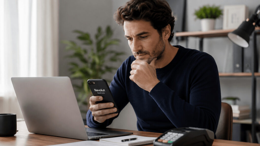 Autónomo revisando las comisiones de Revolut Business para cobrar con tarjeta.