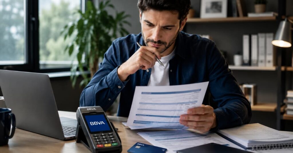 Autónomo revisando las condiciones de un TPV antes de contratarlo.