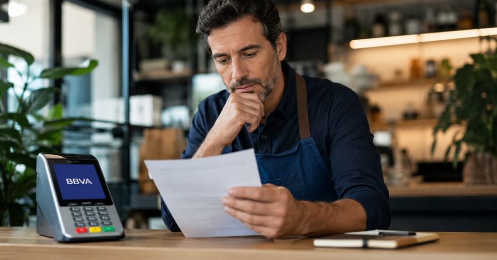 Autónomo revisando las condiciones de una cuenta y un TPV de BBVA