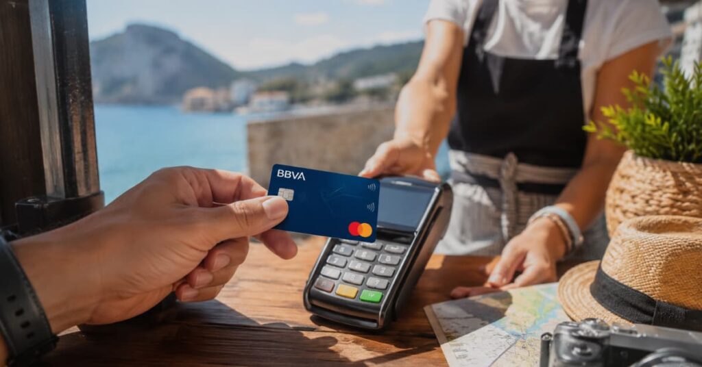 Cliente pagando con tarjeta BBVA durante un viaje al extranjero