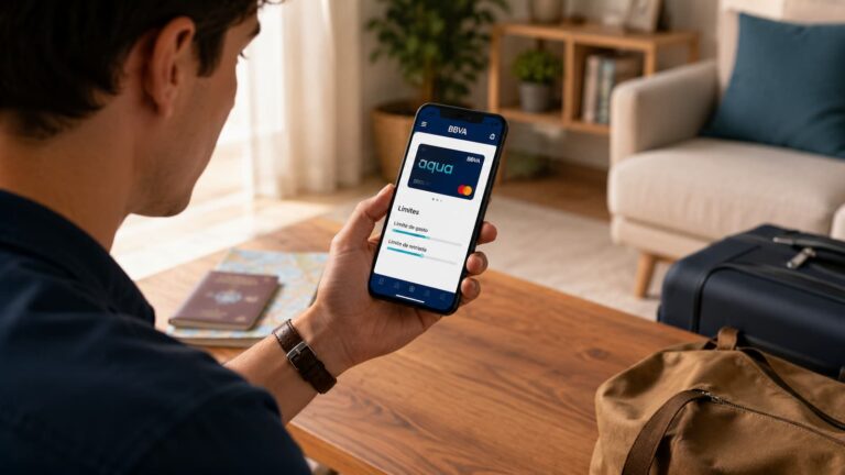 Cliente revisa en la app de BBVA los límites de su Tarjeta Aqua antes de viajar.