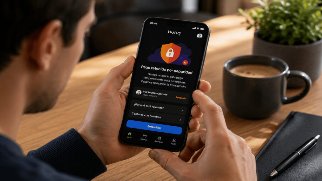 Cliente revisa un pago retenido por seguridad en la app de bunq