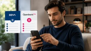 Cliente revisando condiciones de BBVA y Openbank en el móvil.