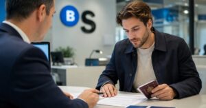 Cliente revisando condiciones de una cuenta bancaria con pasaporte en el banco Sabadell