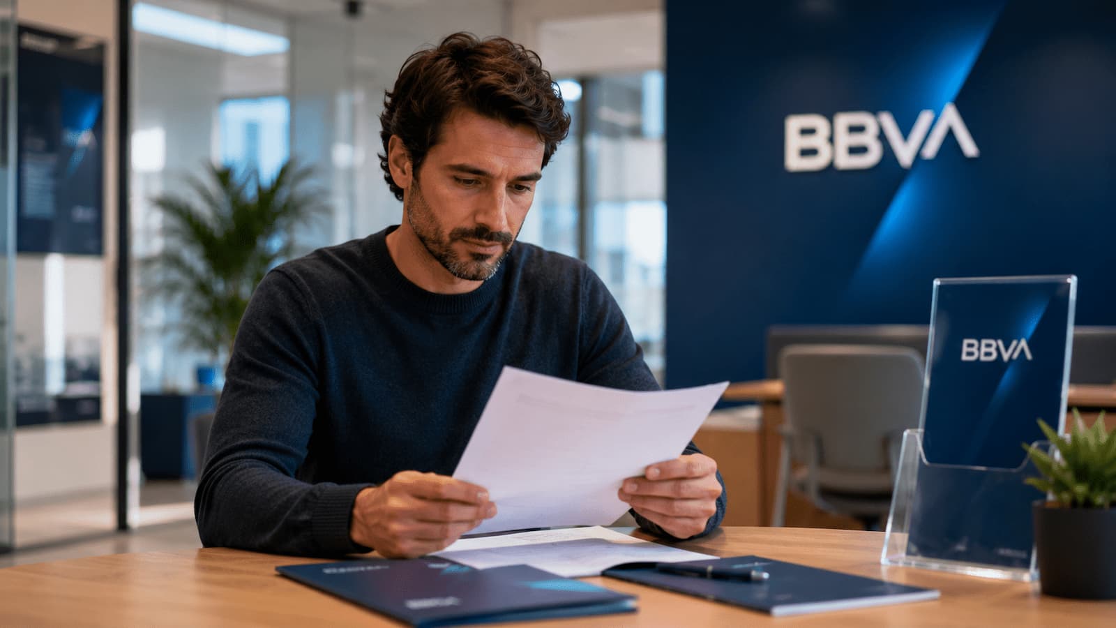 Cliente revisando documentos para abrir una cuenta bancaria en BBVA.