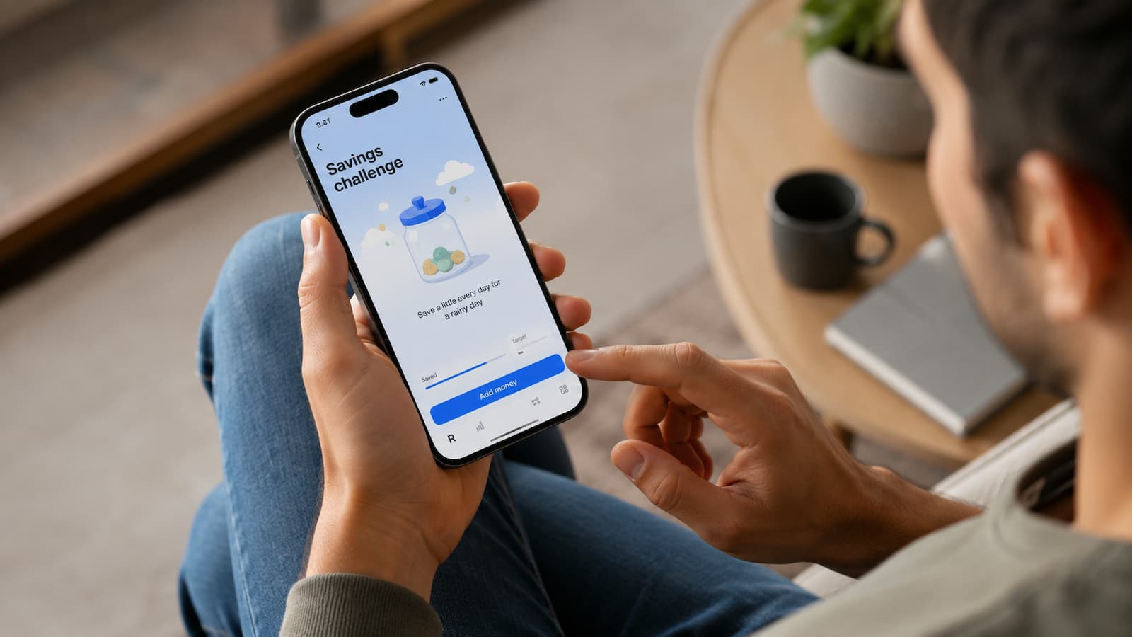 Cliente revisando el reto de ahorro de Revolut desde la app.