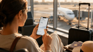 Cliente revisando en el móvil la rentabilidad de Raisin antes de viajar