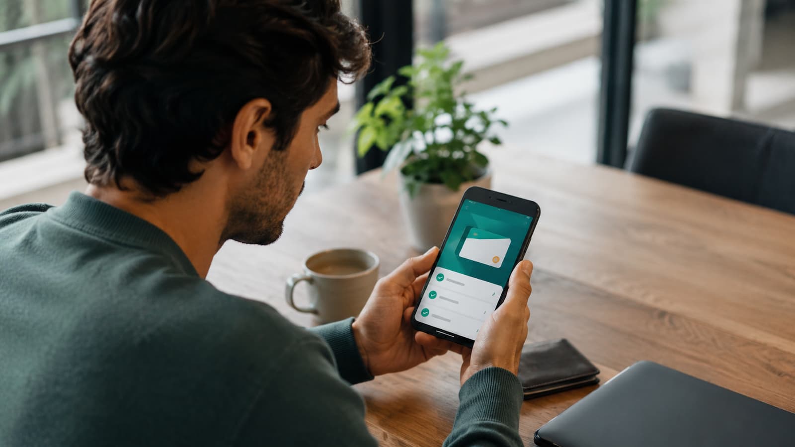 Cliente revisando en el móvil las condiciones de una cuenta digital.
