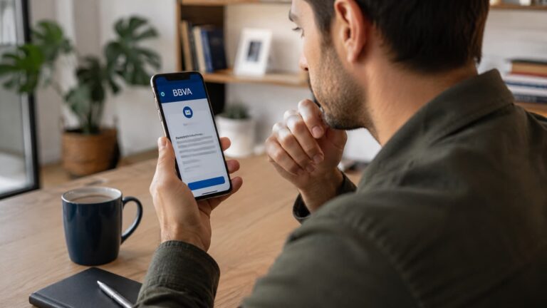 Cliente revisando en el móvil si un mensaje de BBVA es real