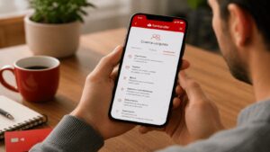 Cliente revisando en la app las condiciones de una cuenta conjunta Santander
