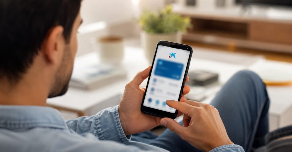 Cliente revisando la app de CaixaBank y su ahorro disponible