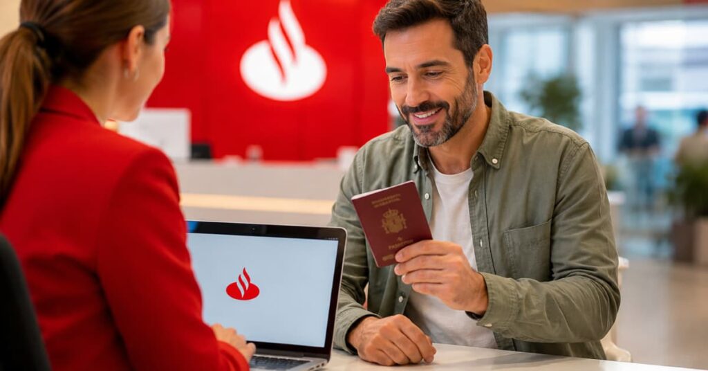Cliente revisando la cuenta con pasaporte del Banco Santander