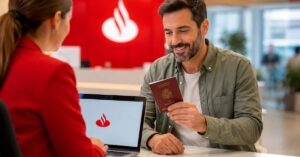 Cliente revisando la cuenta con pasaporte del Banco Santander