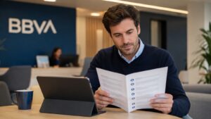 Cliente revisando las condiciones de una cuenta bancaria de BBVA